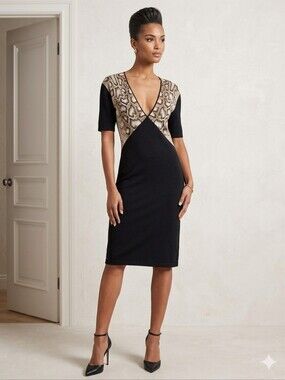 Roberto Cavalli Black Dress with Snakeskin V-Neck Size 48 Italian ( 14‎ USA)